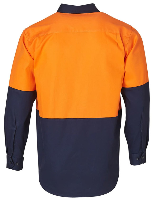 A long-sleeve work shirt in orange and navy, featuring a logo on the back.