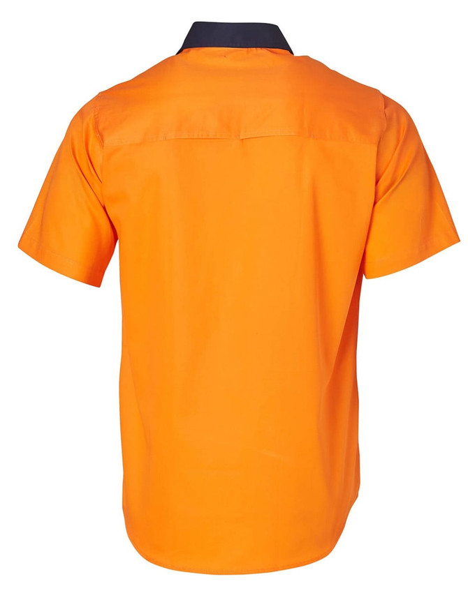 A Hi-Vis two-tone short-sleeve cotton work shirt in bright orange with a navy collar and branding.