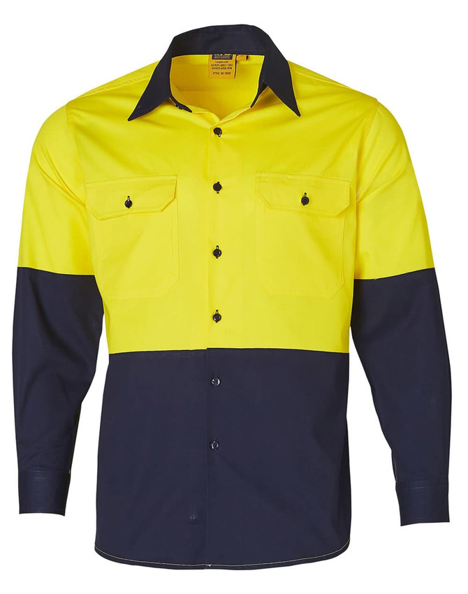 A Hi-Vis two-tone long-sleeve work shirt in bright yellow and navy blue, featuring two front pockets and a logo.