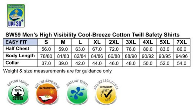 A chart detailing sizes and specifications for Men's Hi-Vis Cool Breeze Safety Shirts in bright colours. Features a logo.