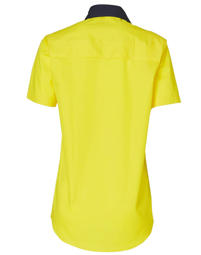 A bright yellow short-sleeved safety shirt with a navy collar, featuring a logo on the back.