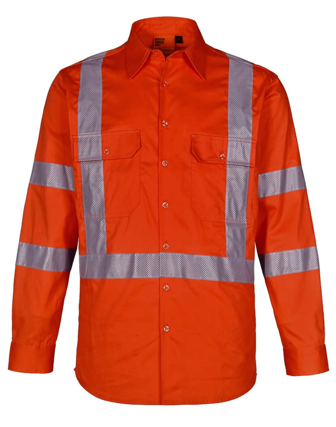 An orange work shirt featuring reflective strips and two front pockets. It has a collar and long sleeves.