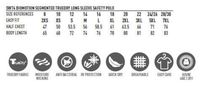 A detailed size chart for the Biomotion Segmented Truedry Long Sleeve Safety Polo, highlighting various sizes and features.