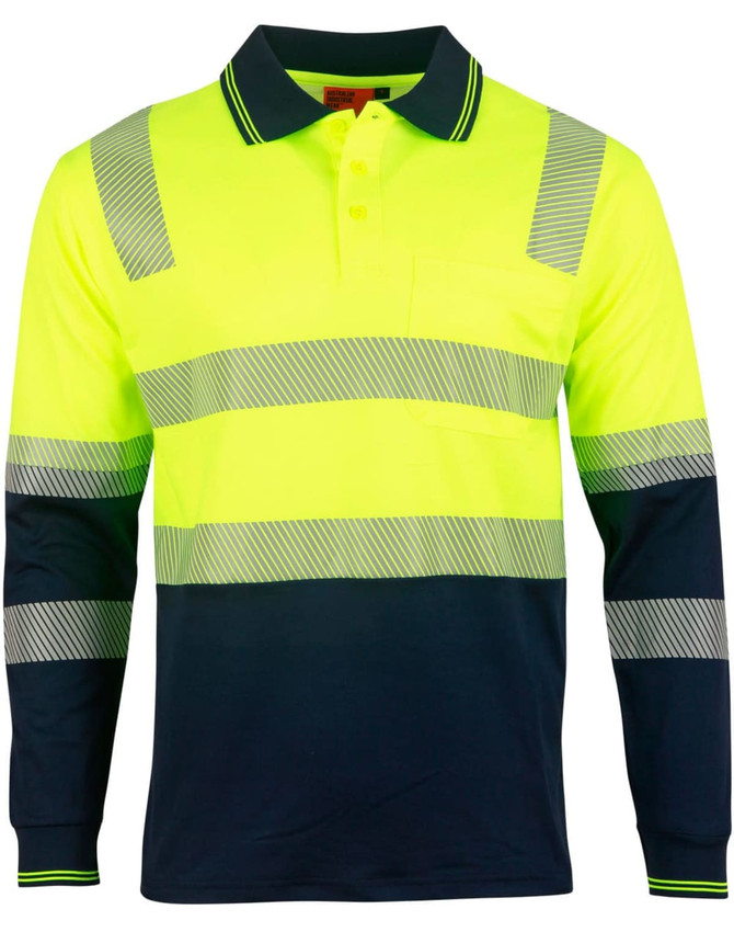 A long-sleeved safety polo in fluorescent yellow with grey reflective stripes and navy blue sleeves. Features a chest pocket and logo.