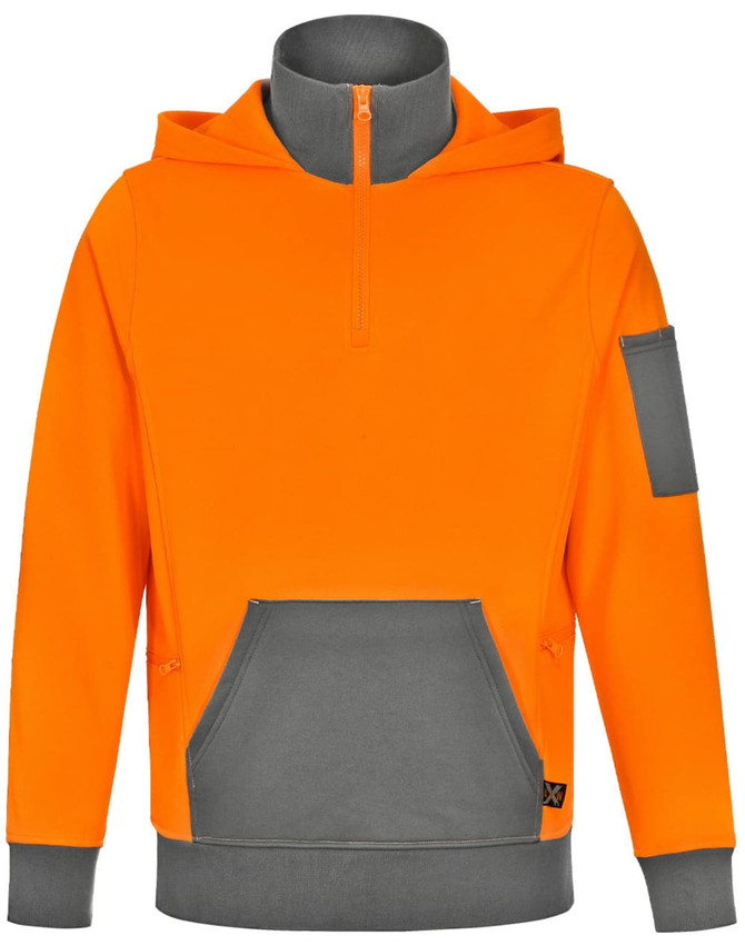 A two-tone hoodie featuring a bright orange upper with grey accents and a zippered neck. It includes a logo.