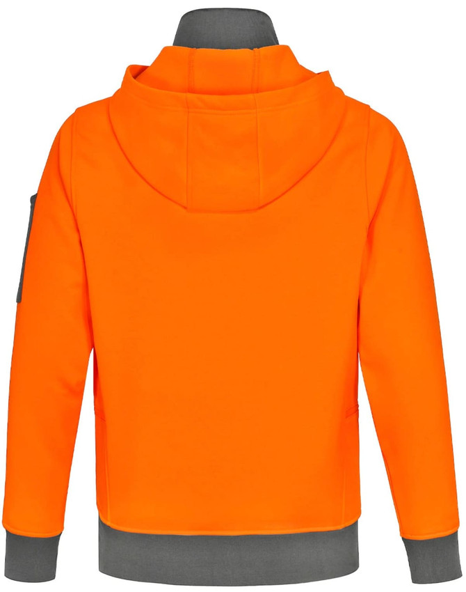A bright orange hoodie with a grey underside, featuring a hood and side pockets. It has a logo on one sleeve.