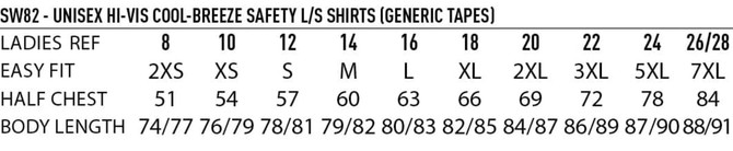 A long-sleeved safety shirt in high visibility colours featuring generic tape, with various size measurements listed.