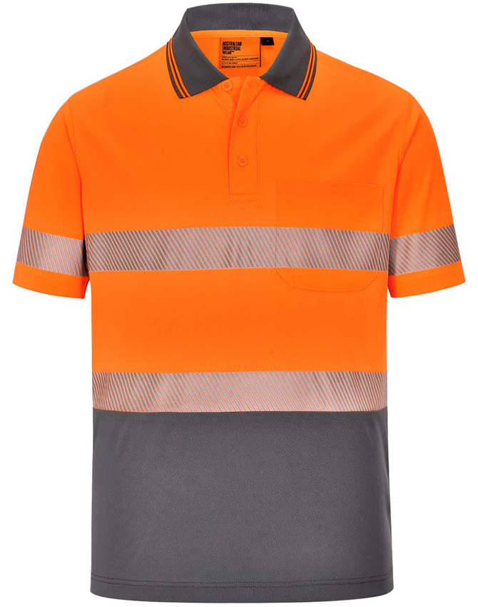 A vibrant orange and grey polo shirt with reflective strips and a chest pocket, featuring a logo.