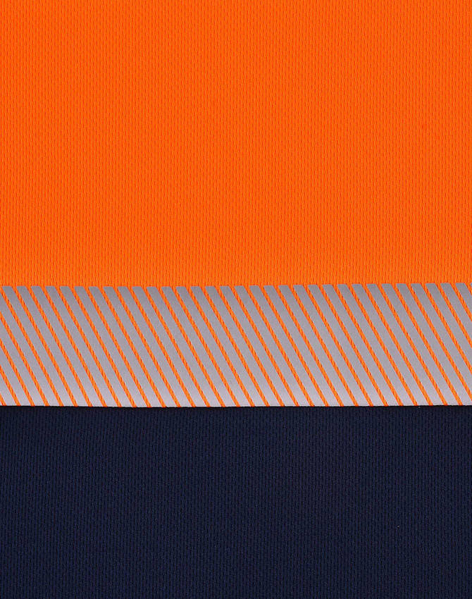 Unisex Cooldry segmented safety polo featuring an orange upper section and a navy lower section with a striped pattern.