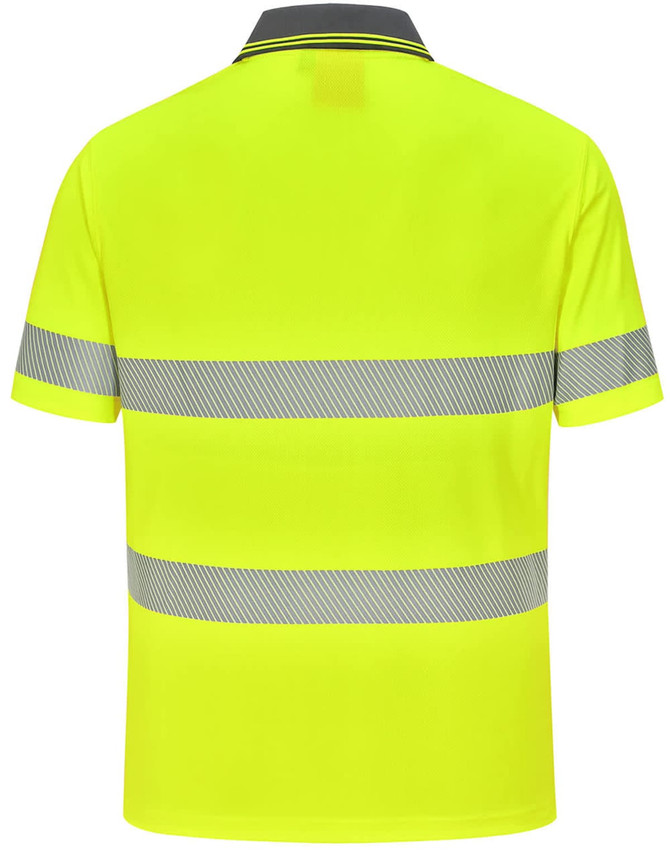 A vibrant yellow unisex polo shirt with segmented reflective stripes and a collar, featuring a logo.