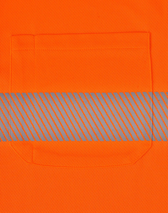 An orange unisex safety polo shirt featuring a grey segmented reflective stripe and a chest pocket.