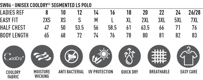 Unisex Cooldry Segmented Long Sleeve Polo in various sizes, featuring a Cooldry fabric with a logo.