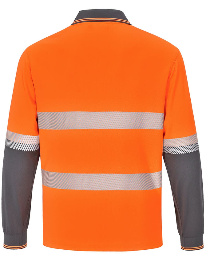 A long-sleeved, unisex safety polo shirt in orange and grey with reflective stripes and a logo.