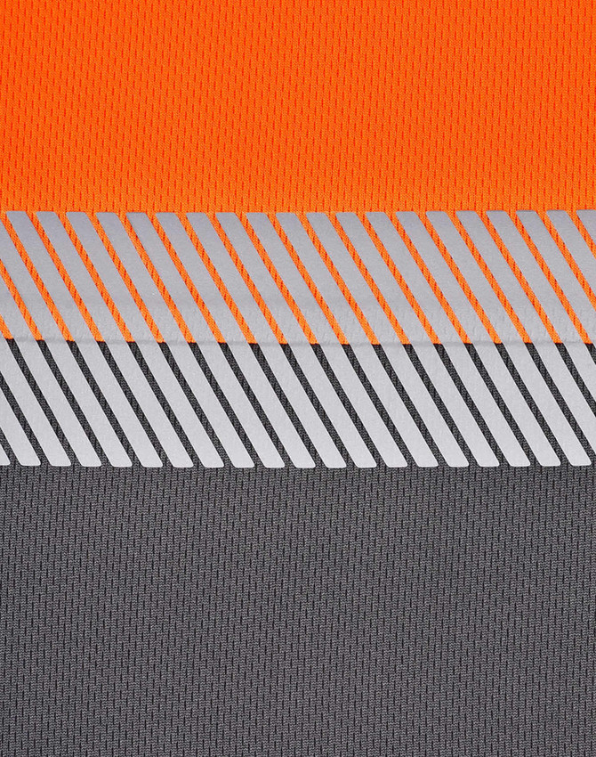 A segmented fabric featuring bright orange and grey tones with reflective stripes, ideal for work polo shirts.