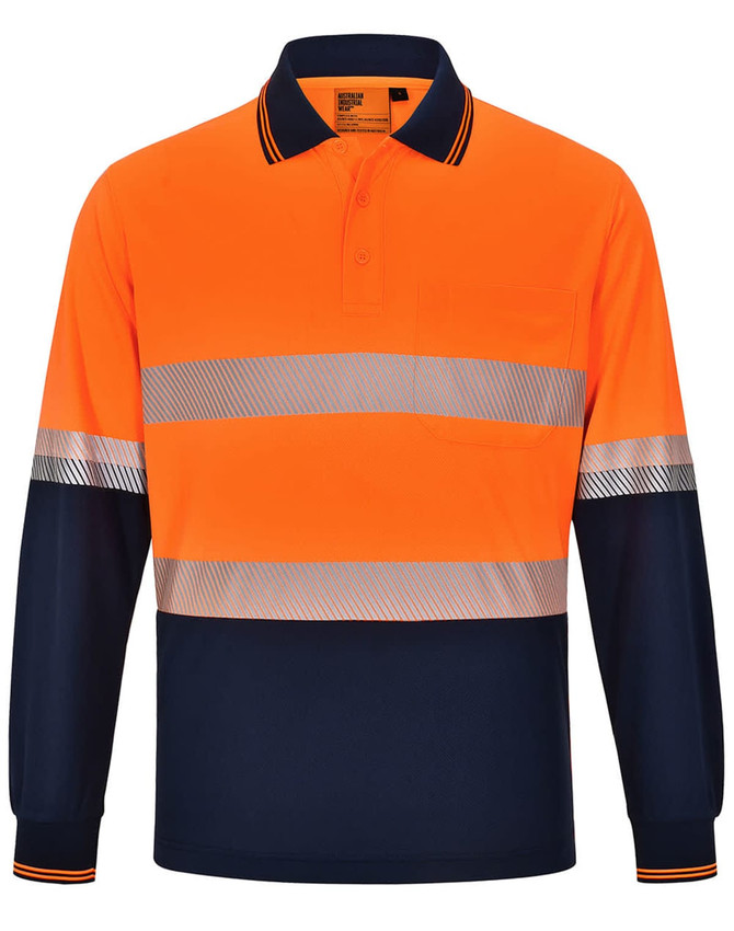 A long-sleeve polo shirt in bright orange and navy, featuring reflective stripes and a pocket. It has a logo on the chest.