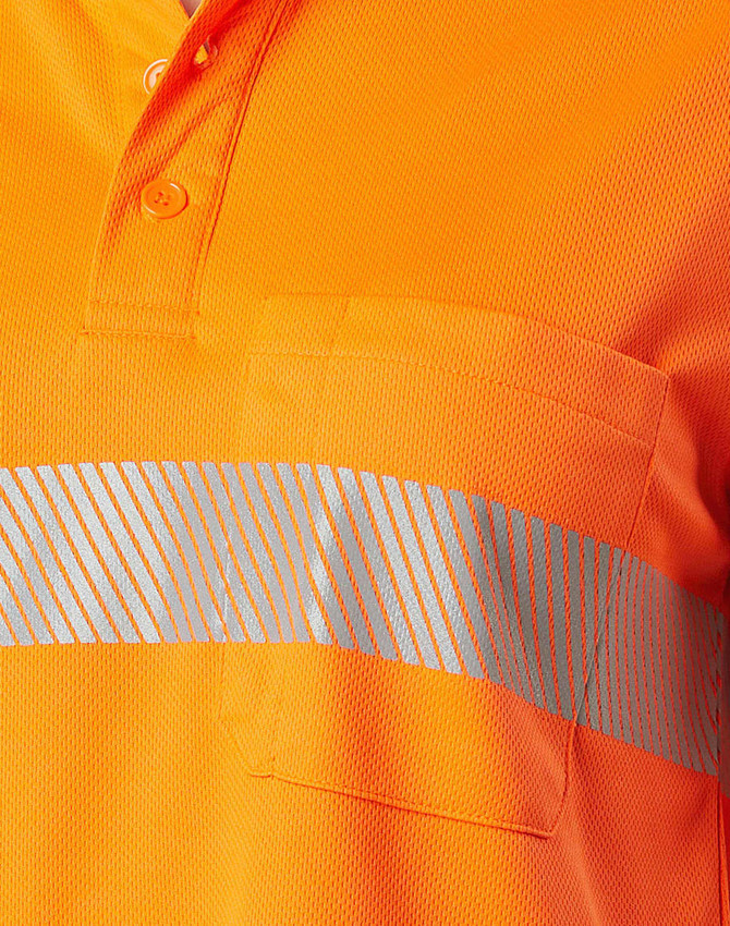 A vibrant orange unisex long sleeve polo shirt with a reflective silver stripe and chest pocket. Features a logo.