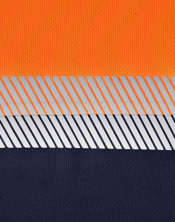 A segmented work polo shirt in vibrant orange and navy, featuring a reflective stripe design and a logo.