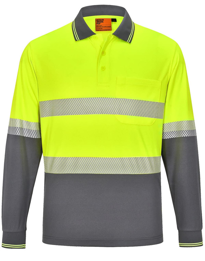 A long-sleeved polo shirt in high-vis yellow with grey segments and a pocket, featuring reflective stripes and a logo.