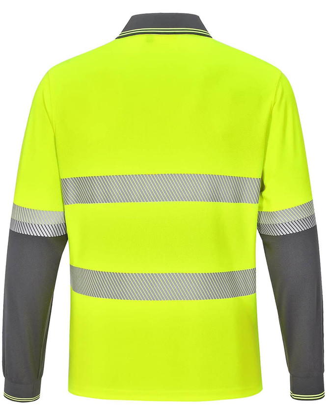 A high-visibility long-sleeve polo in bright yellow with grey accents and reflective stripes, featuring a logo.