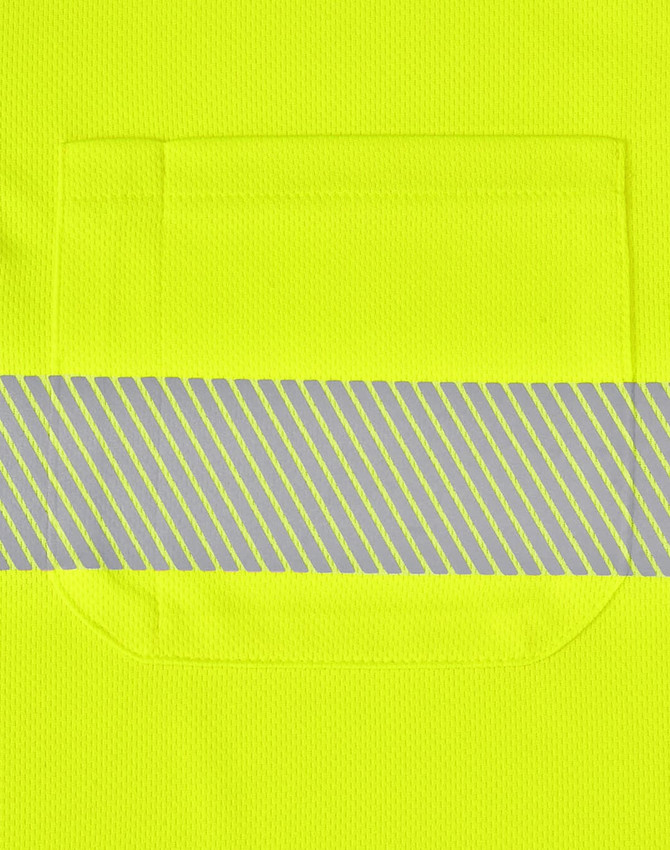 A bright yellow unisex long-sleeve polo shirt with a segmented reflective stripe and a chest pocket.