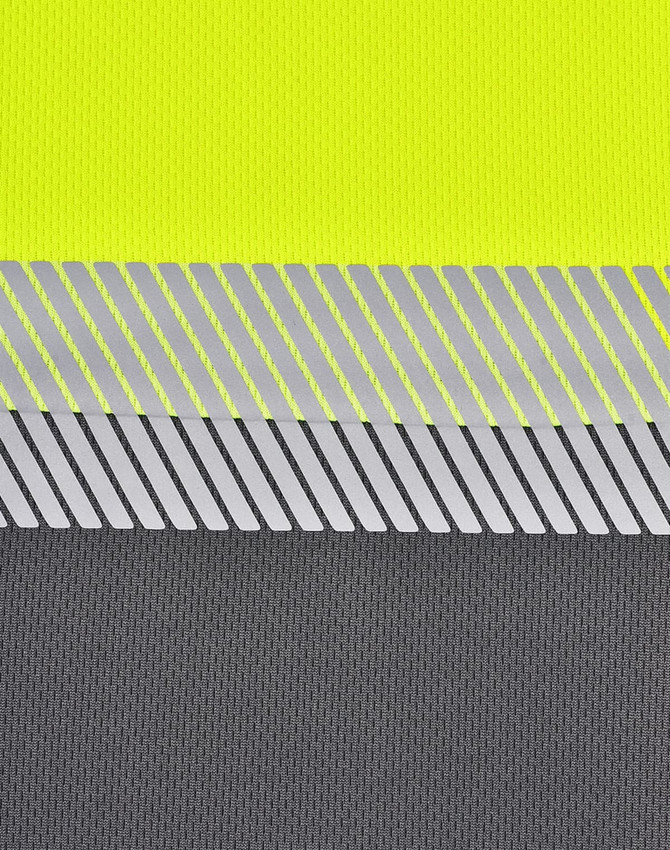 A close-up of a unisex Cooldry segmented safety polo featuring high-visibility yellow and grey striped fabric.