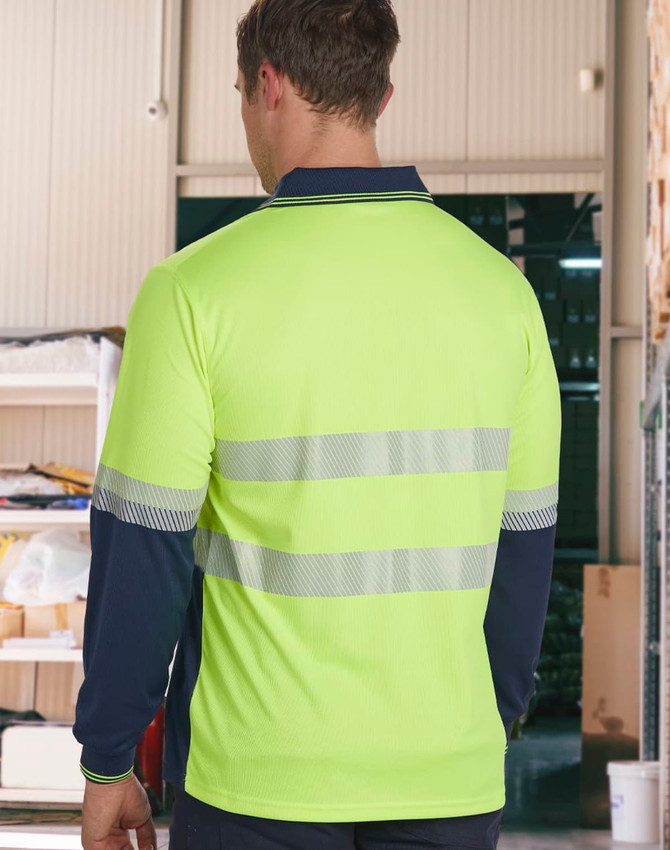 A bright yellow and navy long-sleeve polo shirt with reflective stripes, featuring a logo on the front.