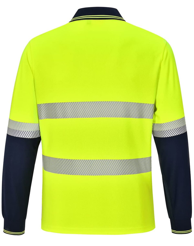 A long-sleeved, unisex safety polo shirt in high-visibility yellow with navy blue sleeves and reflective strips.