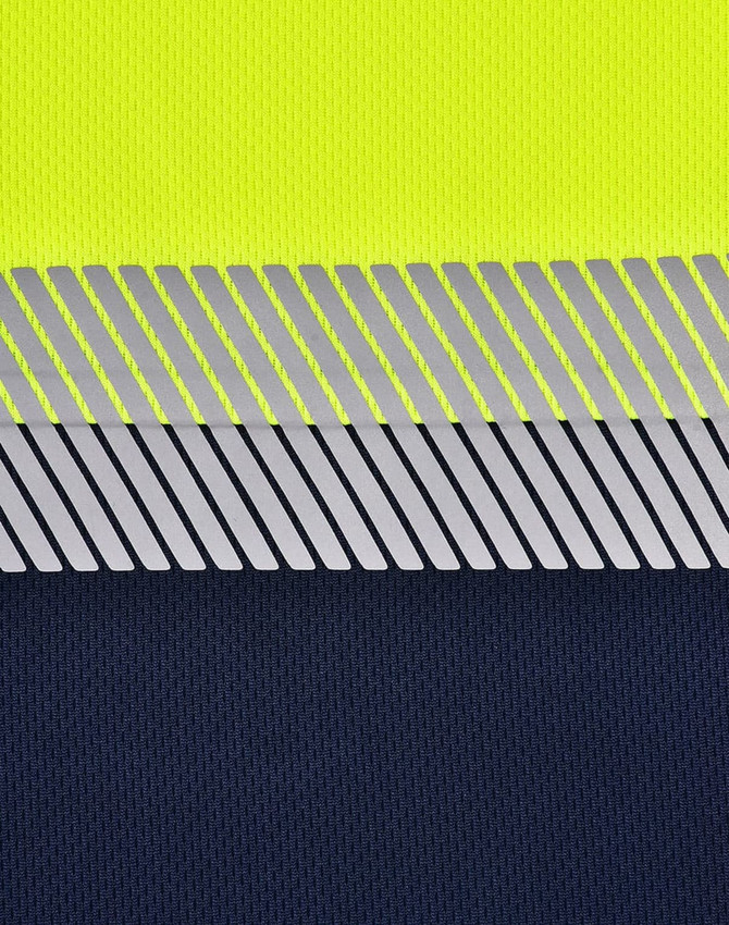 A segmented fabric featuring bright yellow and navy blue, with a pattern of grey stripes. The material is textured and breathable.