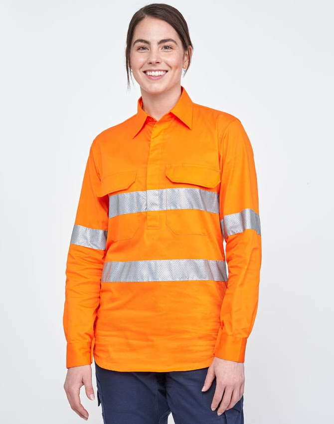 An orange long-sleeve work shirt with reflective tape, featuring a closed front and two chest pockets.