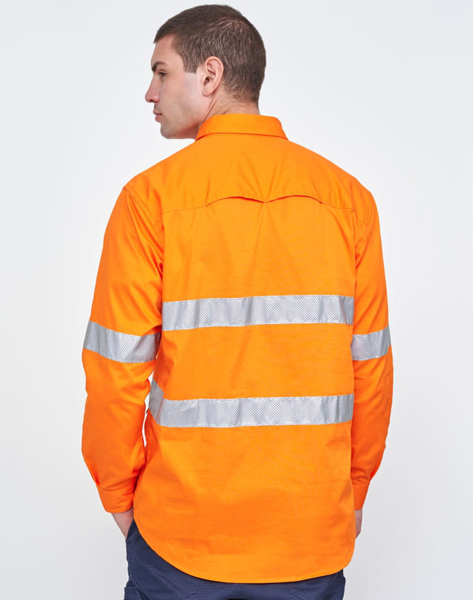 An orange long-sleeve work shirt with perforated tape detail and reflective stripes on the back.