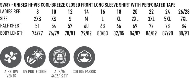 A size chart for a Hi Vis Cool-Breeze Closed Front Long Sleeve Shirt in various sizes, detailing measurements and features.