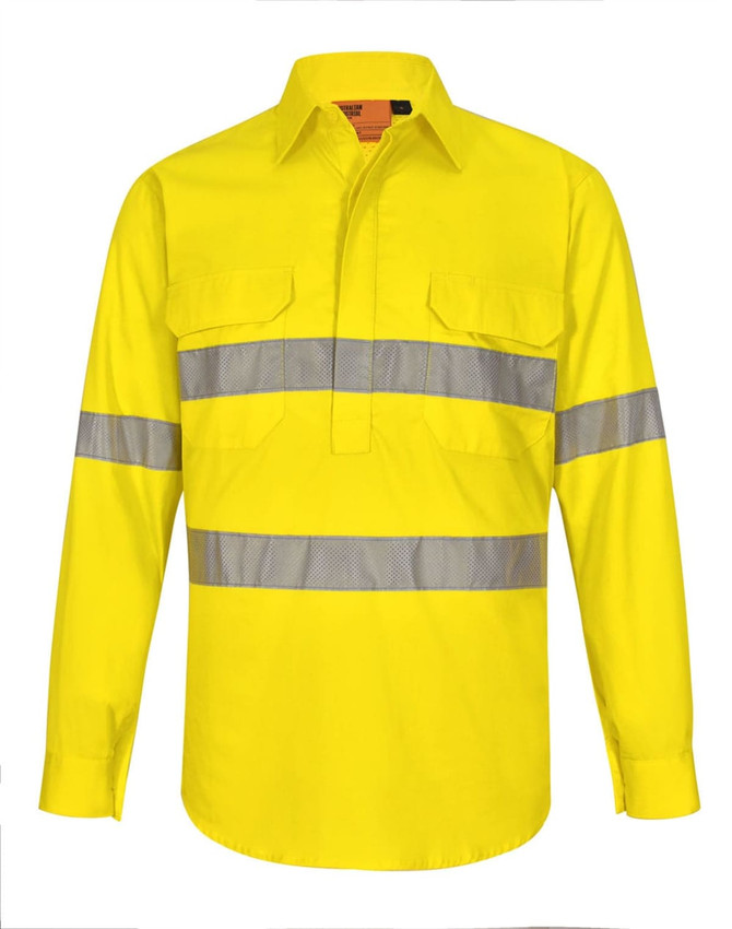 A long-sleeved, bright yellow work shirt with grey perforated reflective tape and two chest pockets, featuring a logo.
