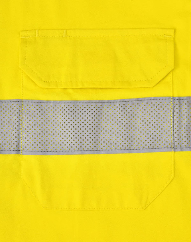 A bright yellow long-sleeve work shirt featuring perforated reflective tape and a back pocket.