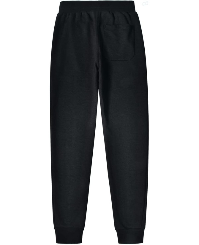 Black kids' poly/cotton terry track pants with an elastic waistband and a single back pocket. Features a logo.