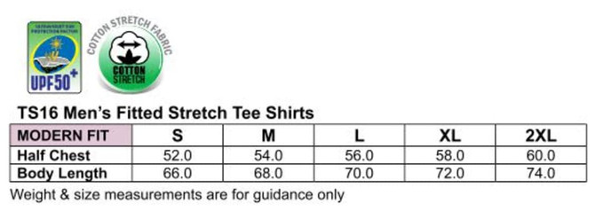 A chart displaying size measurements for men's fitted stretch tees, including half chest and body length dimensions.