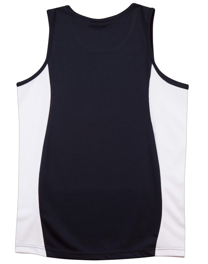 A men's singlet featuring a navy body with white contrast panels and a logo.