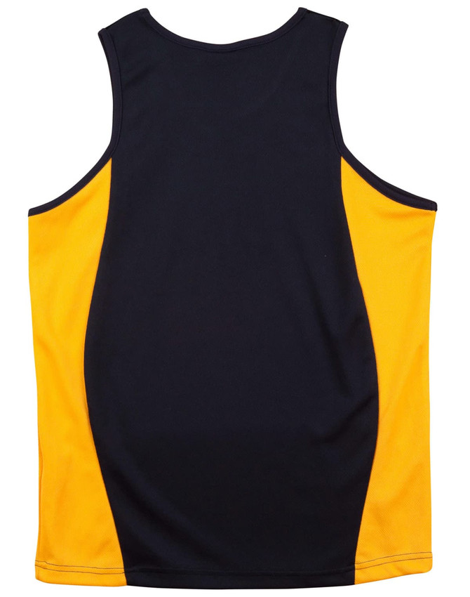 A kid's singlet featuring a navy blue and yellow contrast mesh design. It has a simple back with no additional markings.