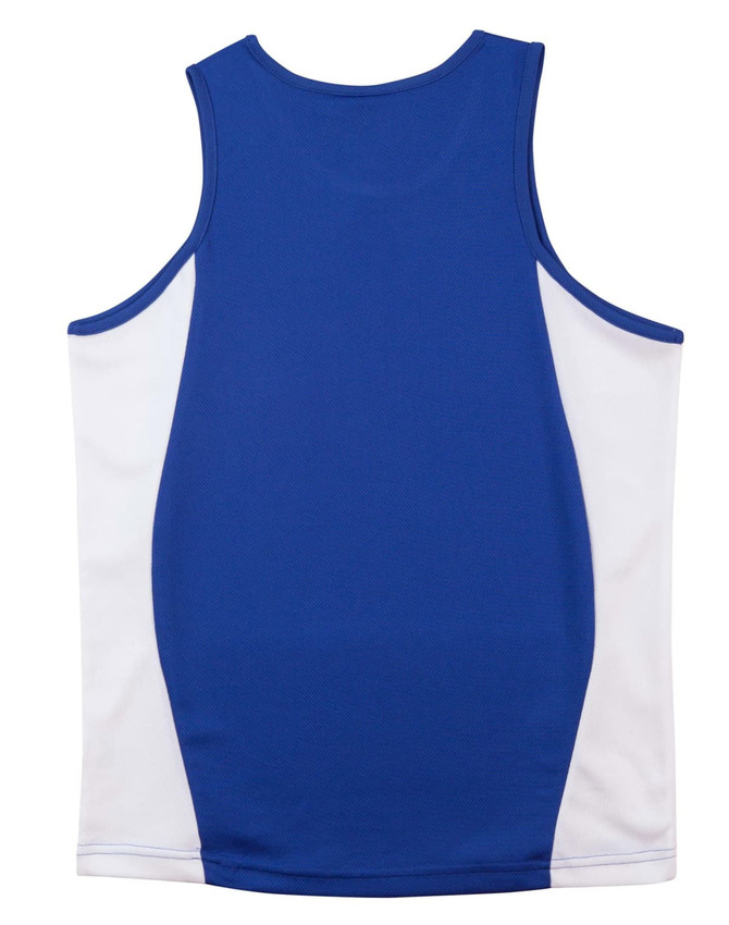 A blue and white contrast mesh singlet with a logo on the back. Designed for kids.