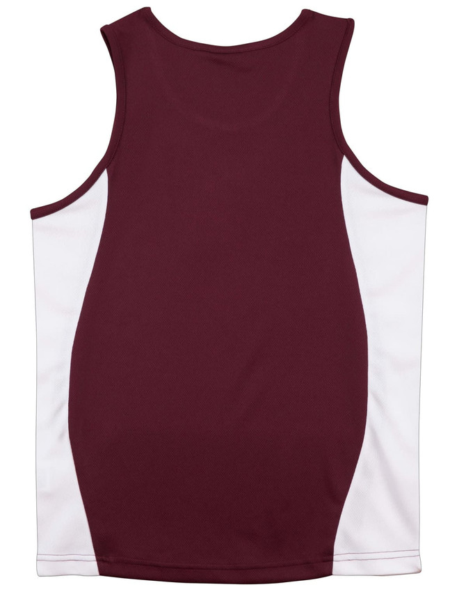 A maroon and white kid's contrast mesh singlet with a sleek design and a logo on the front.
