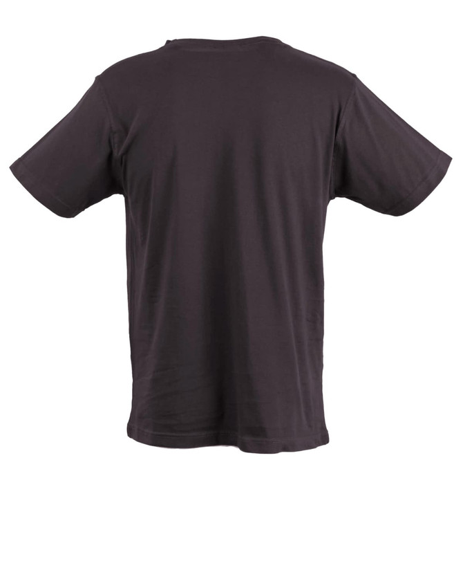 A black unisex cotton t-shirt with short sleeves and a plain back, featuring a logo.