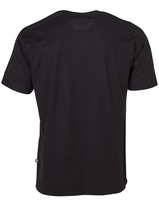 A black short-sleeve work t-shirt with a logo on the side.