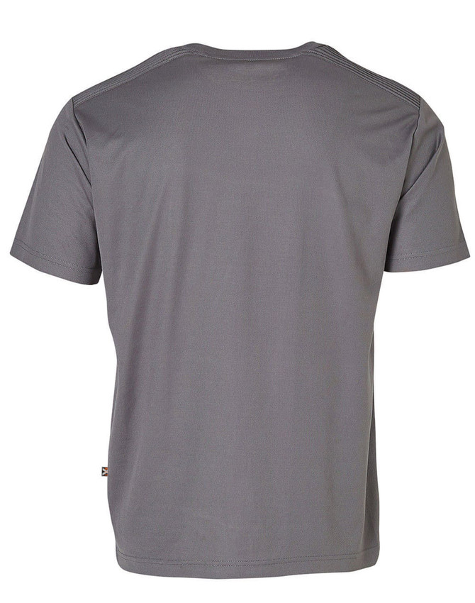 A grey short-sleeved work t-shirt featuring a branded logo.