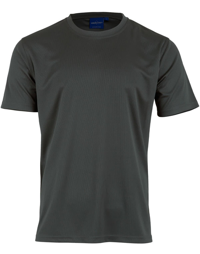 A grey short sleeve tee made from cooldry fabric, featuring a logo on the neckline.