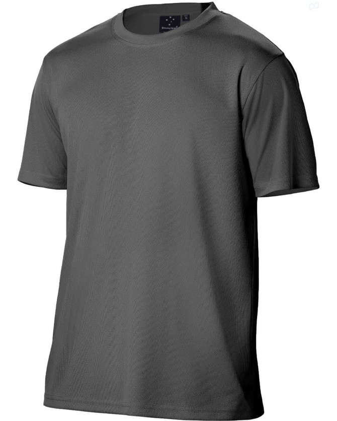 A grey men's short sleeve tee with a logo on the label, made from cooldry material.