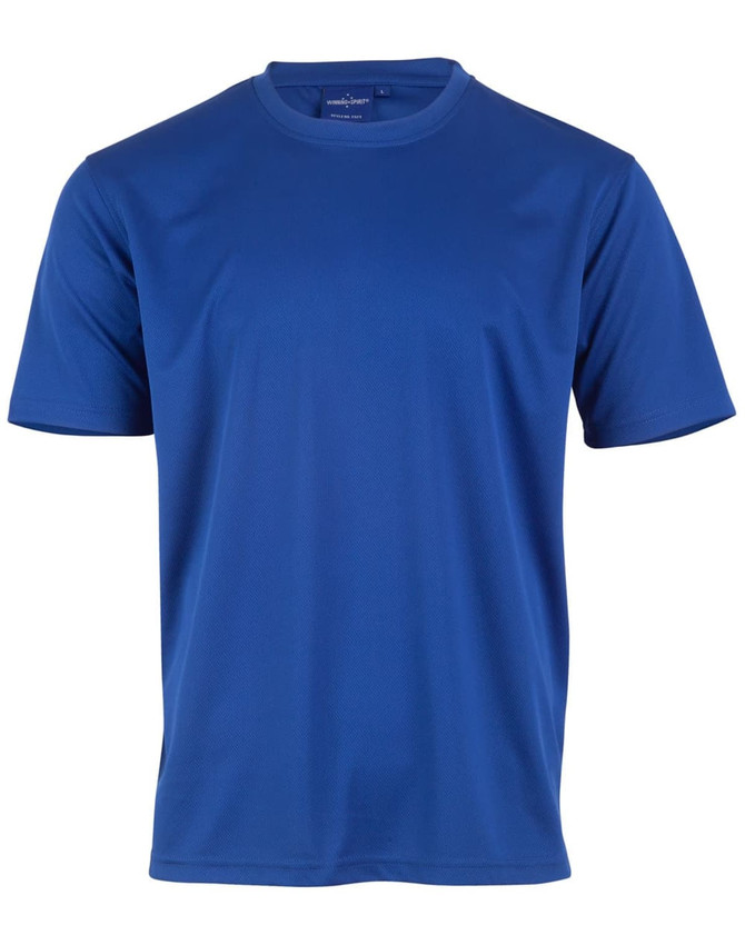 A blue short sleeve tee made from cooldry fabric, featuring a logo on the inside label.