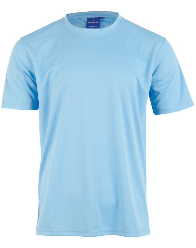 Light blue short sleeve tee, made from cooldry fabric, designed for kids, featuring a logo on the tag.