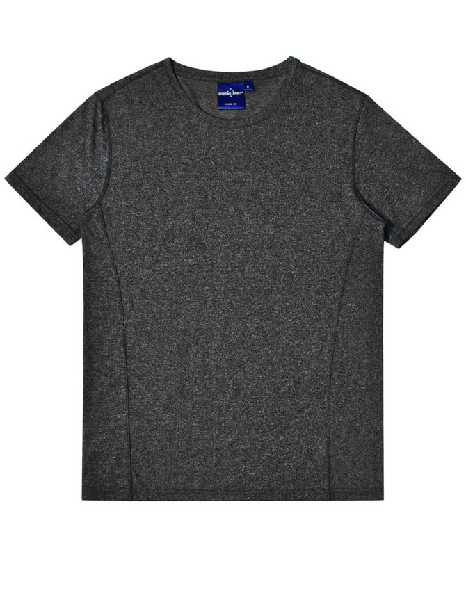 A grey heather short-sleeve T-shirt with a smooth texture and a logo on the neckline.