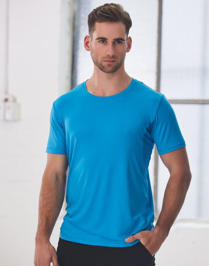 A blue men's Cooldry stretch tee with short sleeves, featuring a subtle logo on the chest.