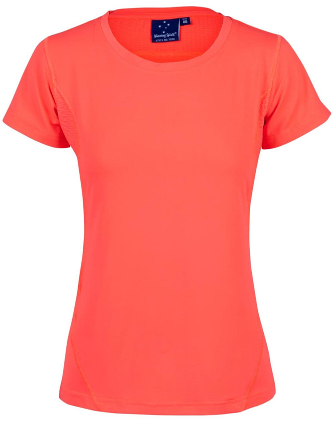 A bright coral women's T-shirt with short sleeves, featuring a logo on the neckline.