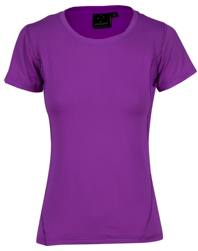 A purple ladies' stretch tee with short sleeves and a fitted design. Features a logo tag inside the neckline.